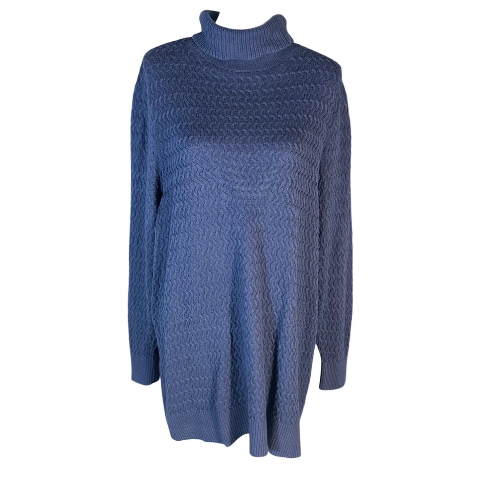 Lands' End Sweater Womens 2X Blue Turtleneck Cable Knit Cotton Long Sleeve